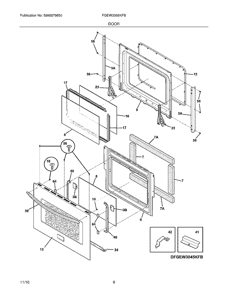 DOOR Diagram and Parts List for FGEW3065KFB  Frigidaire Wall Oven