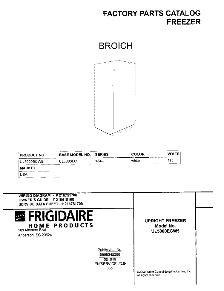 COVER Diagram and Parts List for UL5000ECW5  Frigidaire Freezer