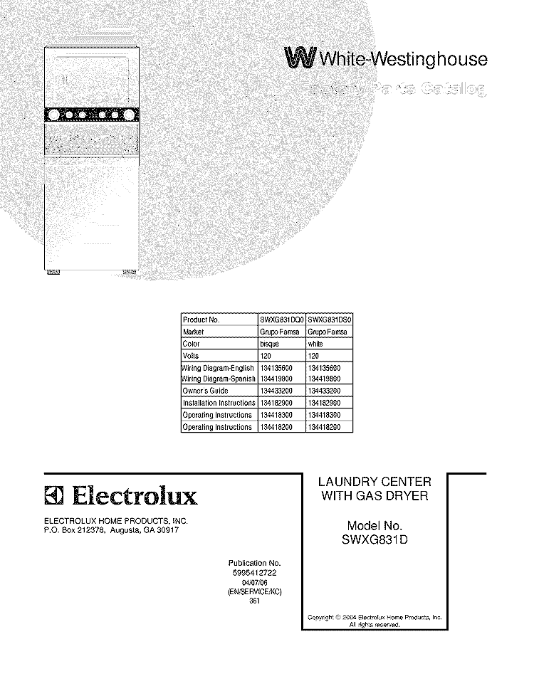 COVER Diagram and Parts List for SWXG831DS0  Westinghouse Washer Dryer Combo