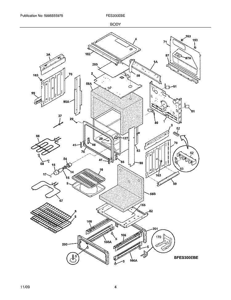 BODY Diagram and Parts List for FES300EBE  Frigidaire Range