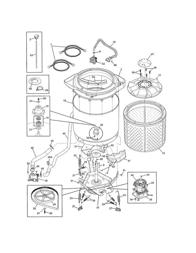 Motor/tub Diagram and Parts List for FFLE2022MW1  Frigidaire Washer Dryer Combo