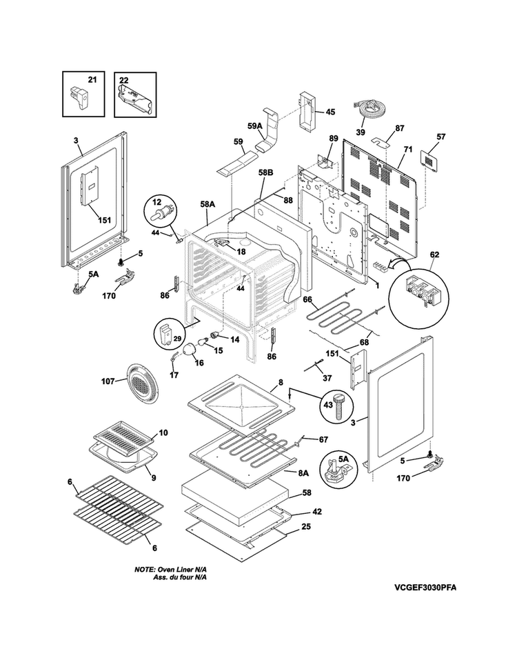 Body Diagram and Parts List for CGEF3030PFB  Frigidaire Range