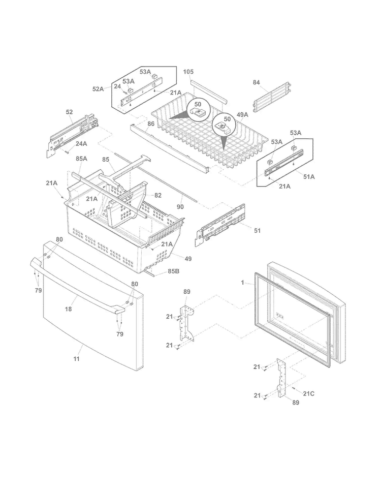 Freezer Drawer, Baskets Diagram and Parts List for EI23BC30KS3  Electrolux Refrigerator