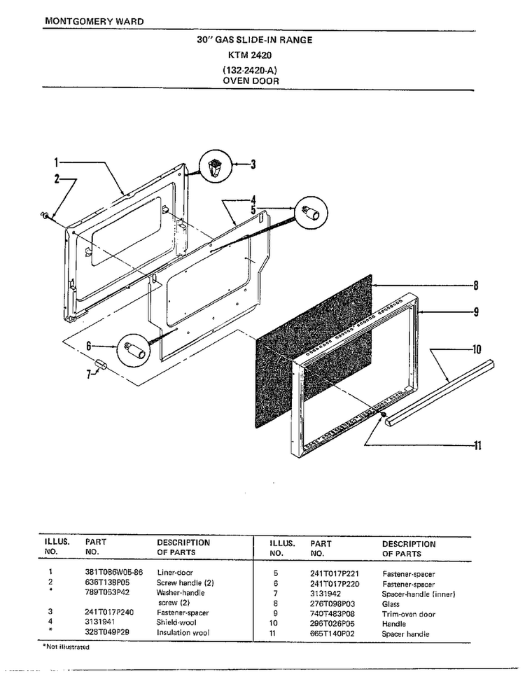 30" Gas Slide-in Range/oven Door Diagram and Parts List for 2420A  Frigidaire Range
