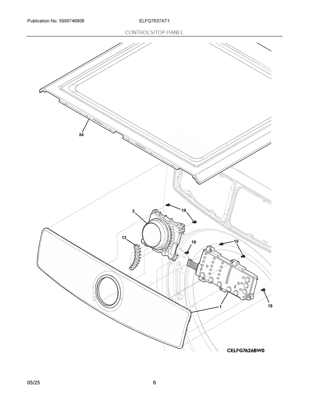 Controls/Top Panel Diagram and Parts List for ELFG7637AT1  Frigidaire Dryer
