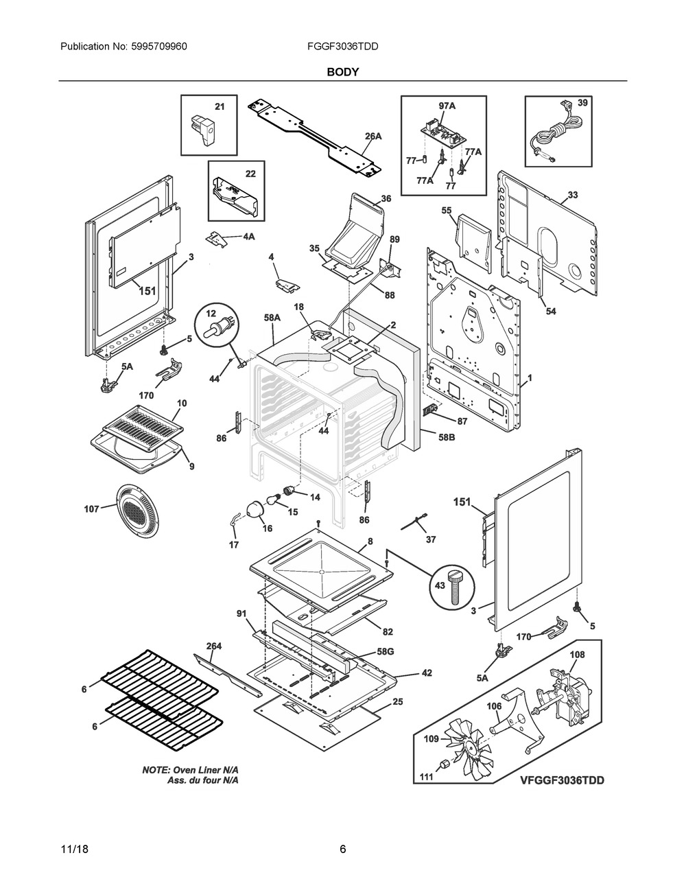 Body Diagram and Parts List for FGGF3036TDD  Frigidaire Range
