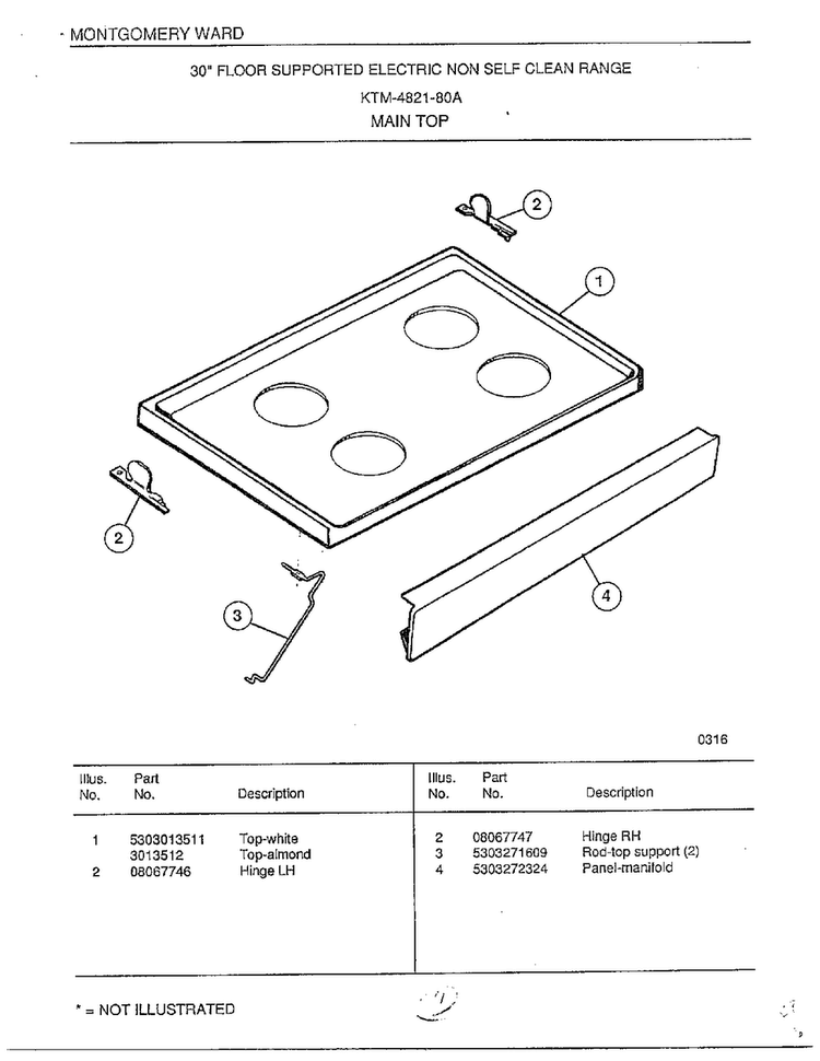 Main Top Diagram and Parts List for 4821-80A  Frigidaire Range