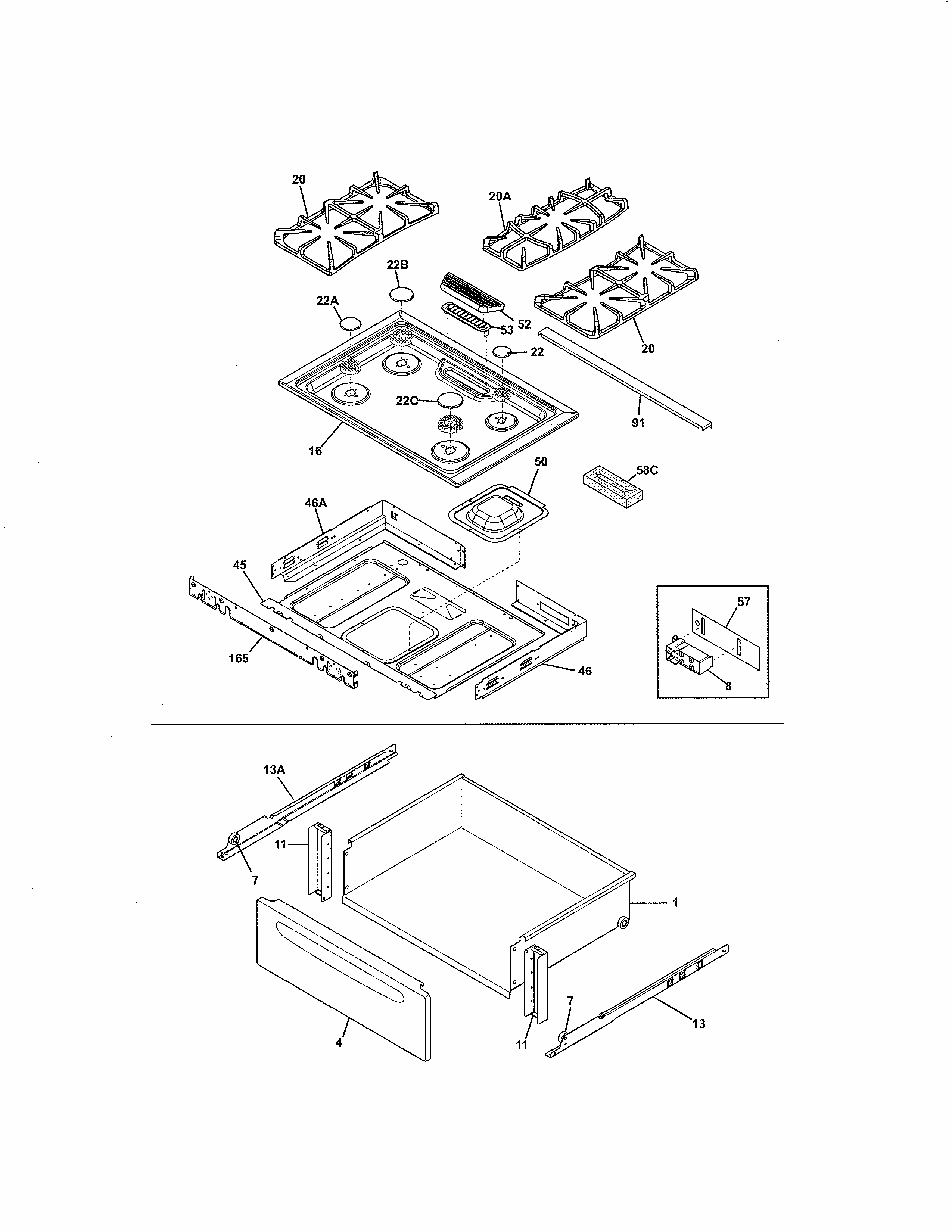 Top/drawer Diagram and Parts List for 79032602310  Kenmore Range