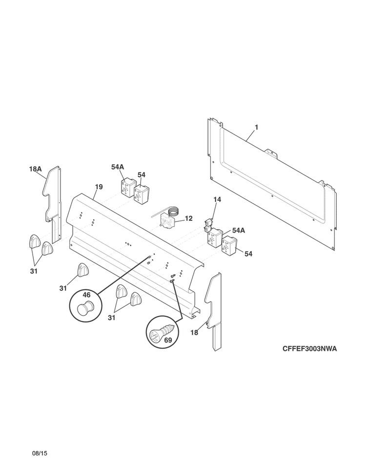 Backguard Diagram and Parts List for FFEF3003NWC  Frigidaire Range