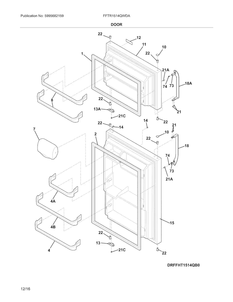 Door Diagram and Parts List for FFTR1514QWDA  Frigidaire Refrigerator