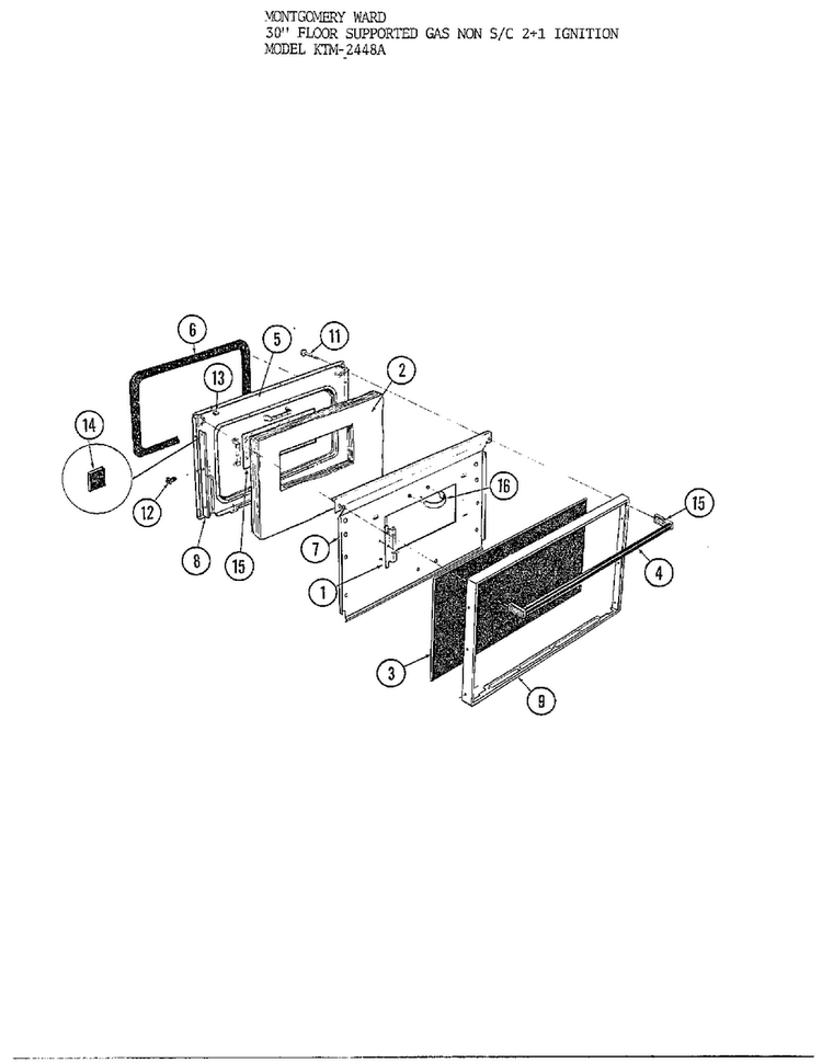 30` Floor Oven Door Diagram and Parts List for 3448A  Frigidaire Range