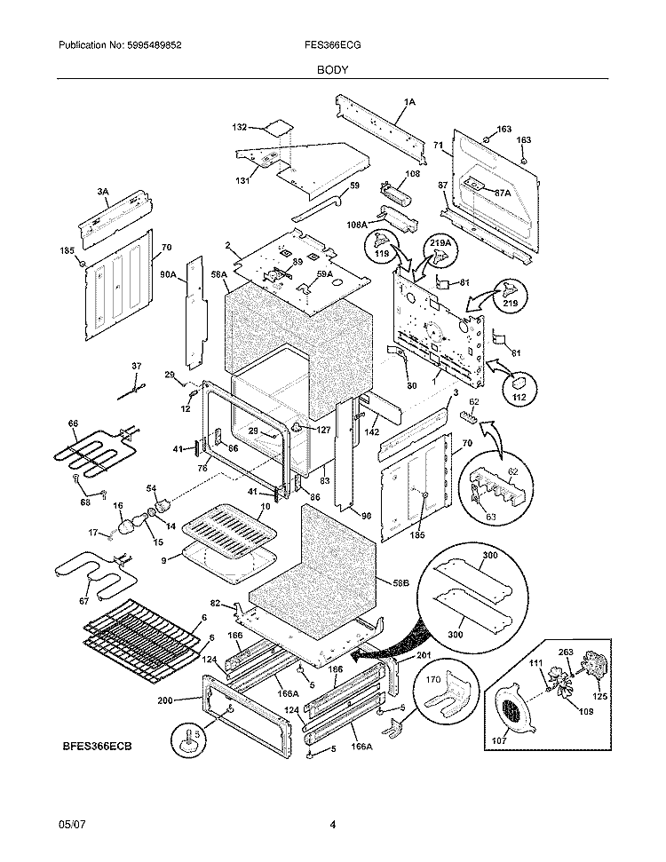 BODY Diagram and Parts List for FES366ECG  Frigidaire Range