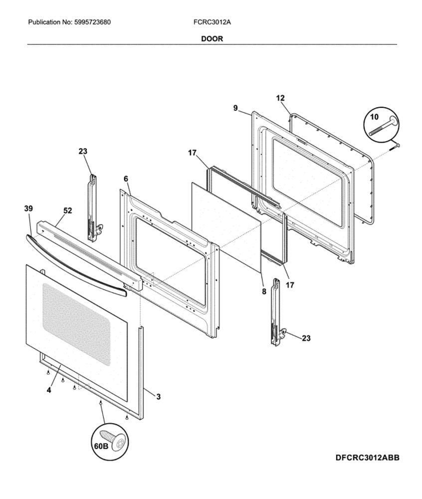 Door Diagram and Parts List for FCRC3012ABC  Frigidaire Range