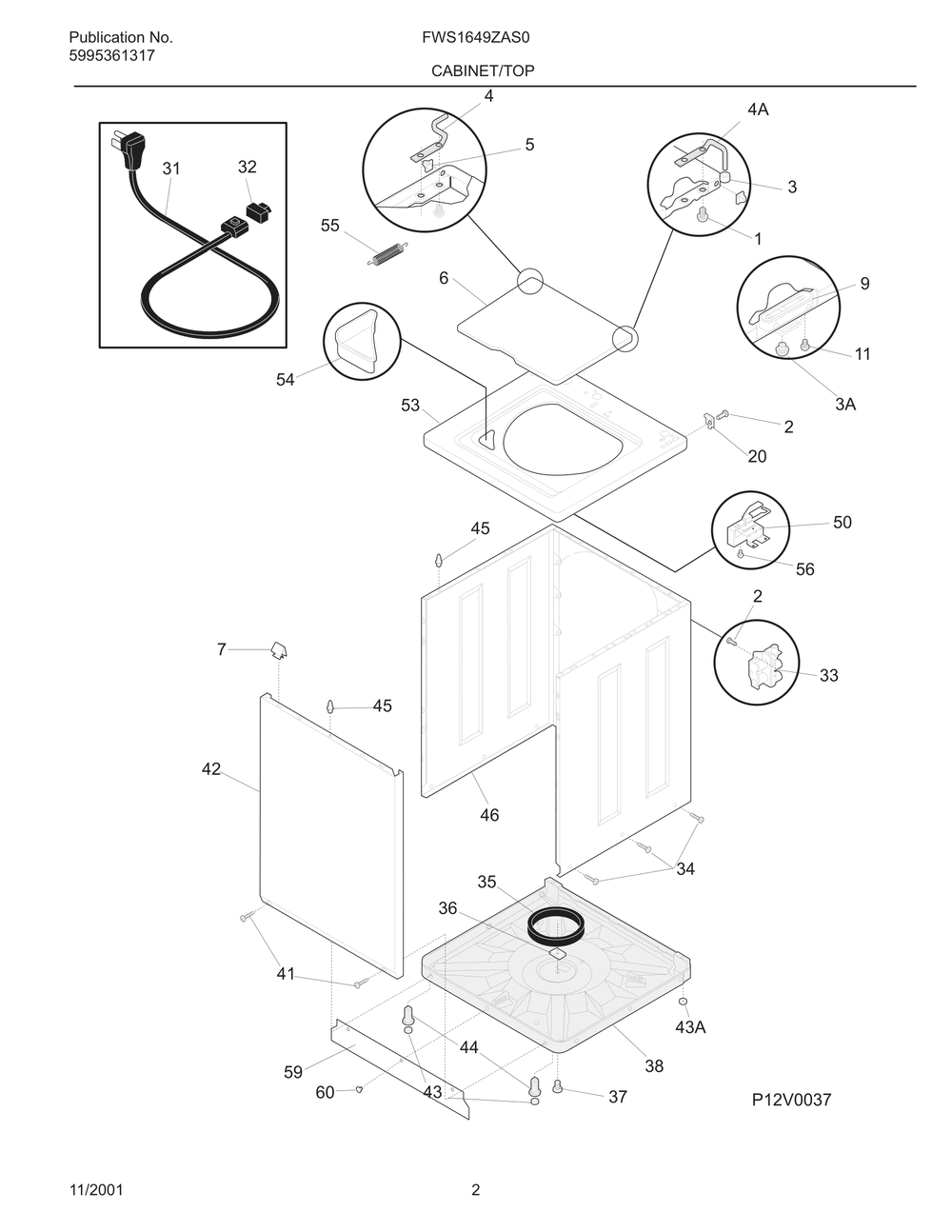 Cabinet/Top Diagram and Parts List for FWS1649ZAS0  Frigidaire Washer