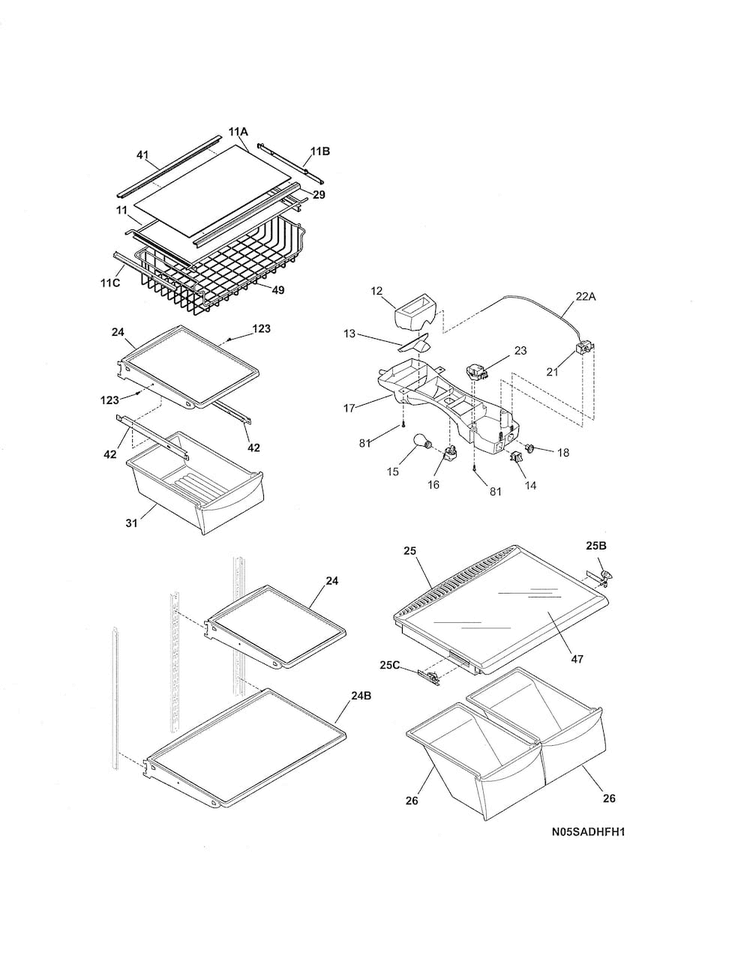 Shelves Diagram and Parts List for LGHT2137NF4  Frigidaire Refrigerator