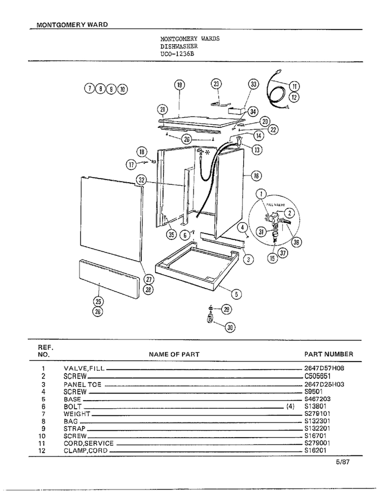Dishwasher Page 8 Diagram and Parts List for 1236B  Frigidaire Dishwasher
