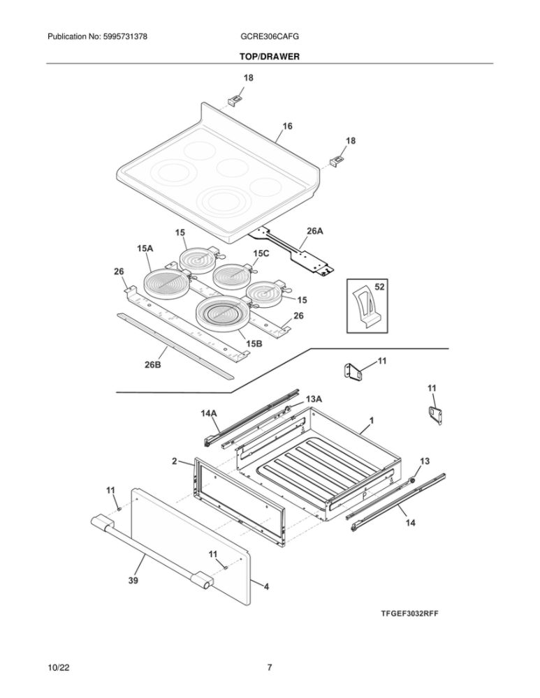 Top/Drawer Diagram and Parts List for GCRE306CAFG  Frigidaire Range