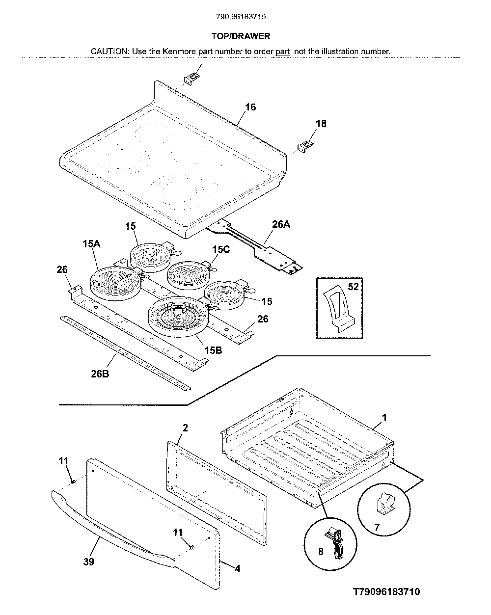 Top/drawer Diagram and Parts List for 79096183715  Kenmore Range