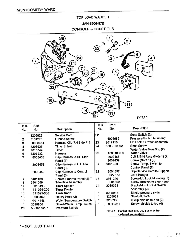 Console And Controls Diagram and Parts List for 6506B  Frigidaire Washer
