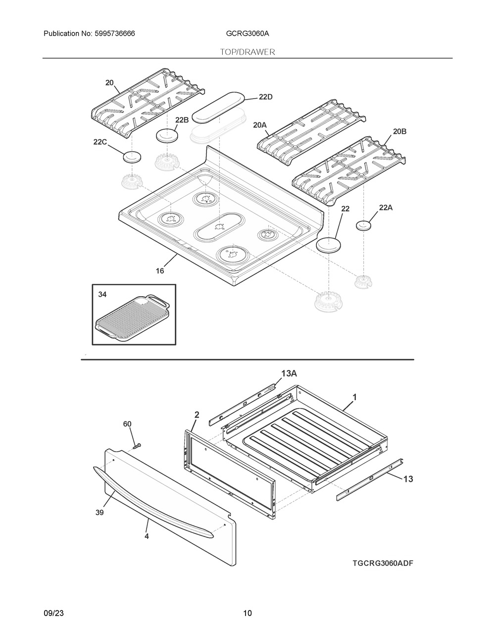 Top/Drawer Diagram and Parts List for GCRG3060ADH  Frigidaire Range