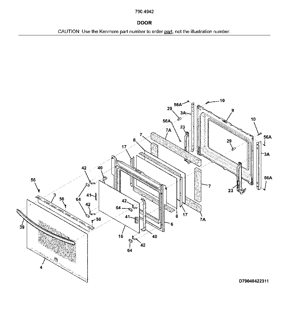 Door Diagram and Parts List for 79049429316  Kenmore Wall Oven