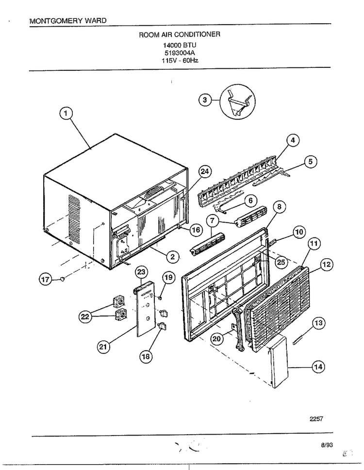 Room Air Conditioner Diagram and Parts List for 5193004A  Frigidaire Air Conditioner