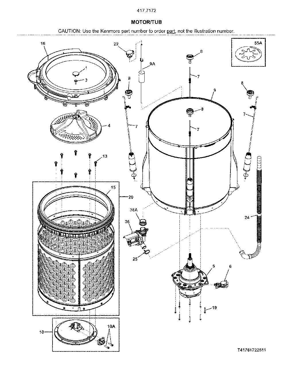 Motor/tub Diagram and Parts List for 41771723512  Kenmore Washer Dryer Combo