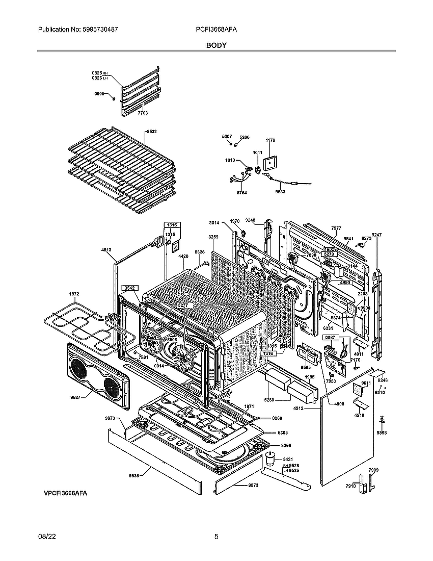 Body Diagram and Parts List for PCFI3668AFA  Frigidaire Range