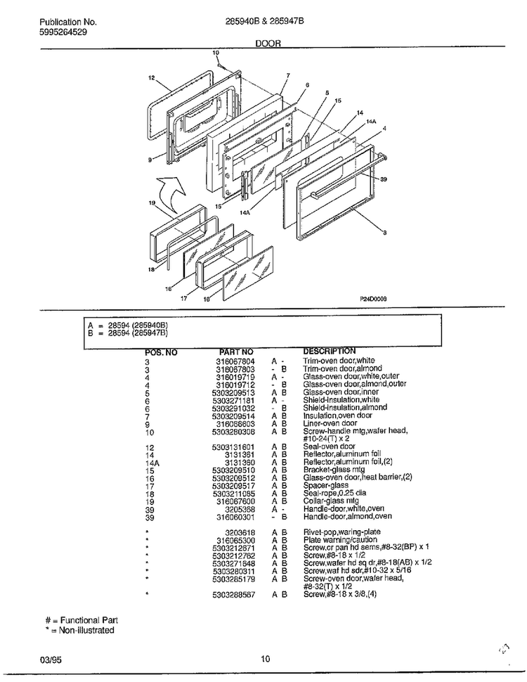 Door Diagram and Parts List for 285947B  Frigidaire Range