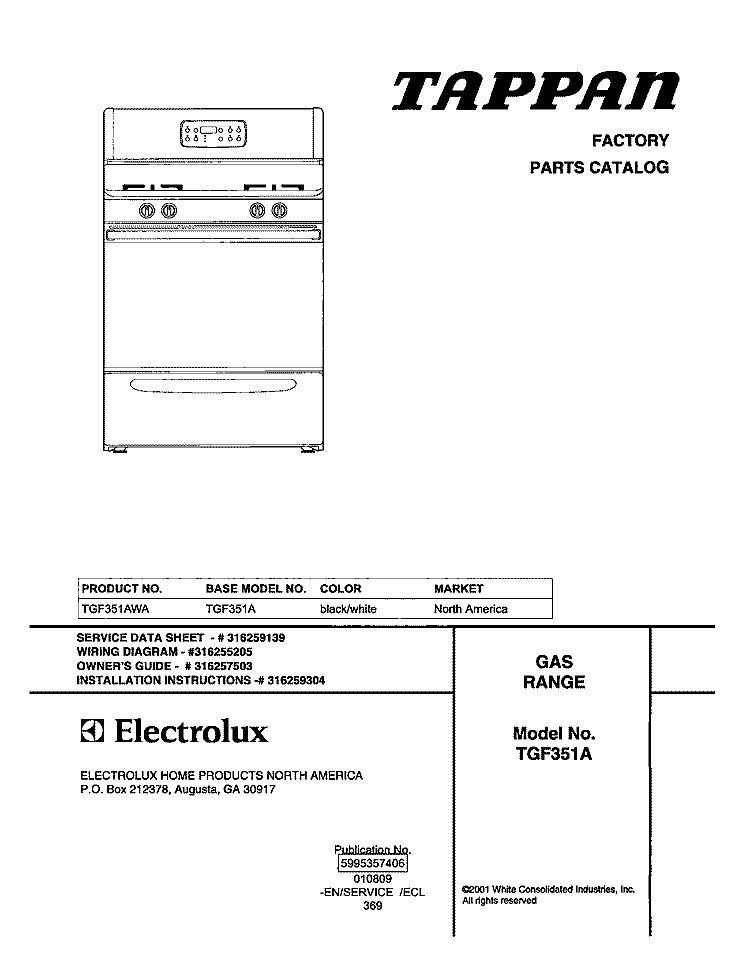 COVER Diagram and Parts List for TGF351AWA  Tappan Range