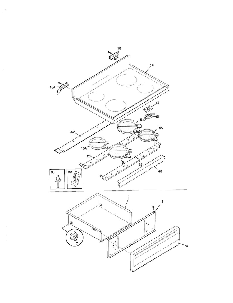 Top/drawer Diagram and Parts List for FEF365CGSD  Frigidaire Range