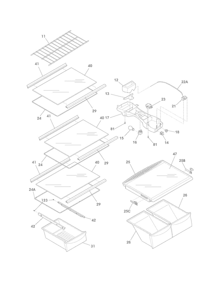 Shelves Diagram and Parts List for FFHT1816PS0  Frigidaire Refrigerator