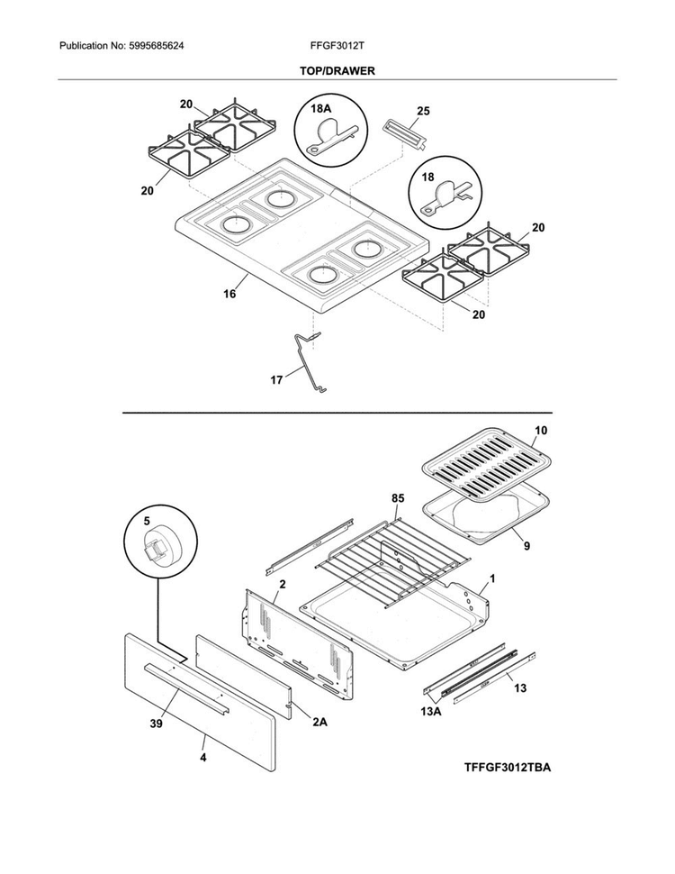 Top/drawer Diagram and Parts List for FFGF3012TWA  Frigidaire Range
