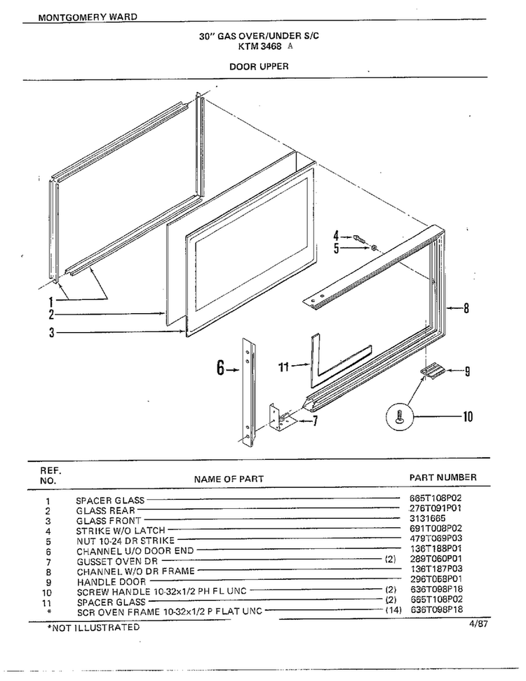 30" Gas Over/under Door Upper Diagram and Parts List for 3468A  Frigidaire Range