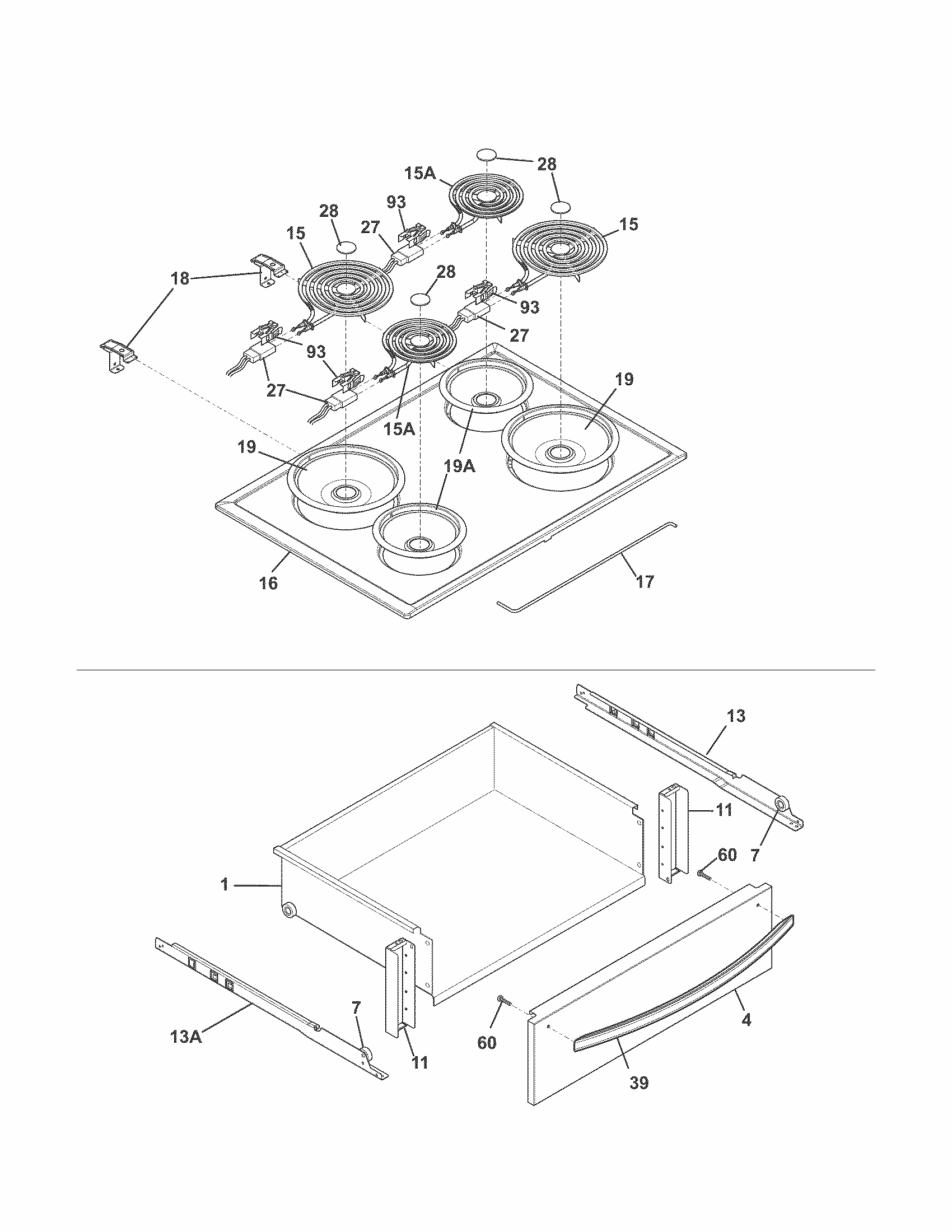 Top/drawer Diagram and Parts List for 79042523310  Kenmore Range
