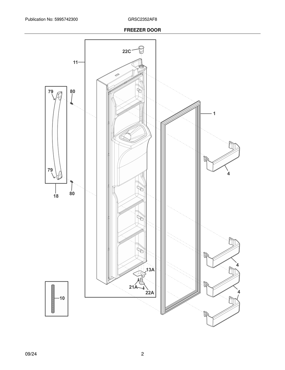 Freezer Door Diagram and Parts List for GRSC2352AF8  Frigidaire Refrigerator