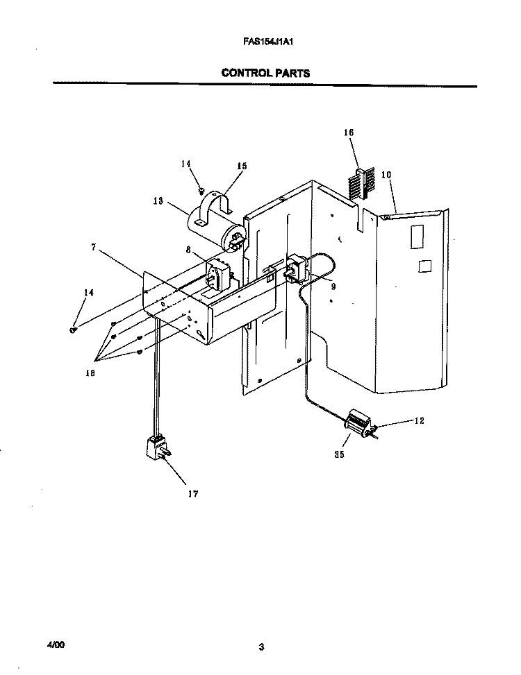 CONTROL PARTS Diagram and Parts List for FAS154J1A1  Frigidaire Air Conditioner
