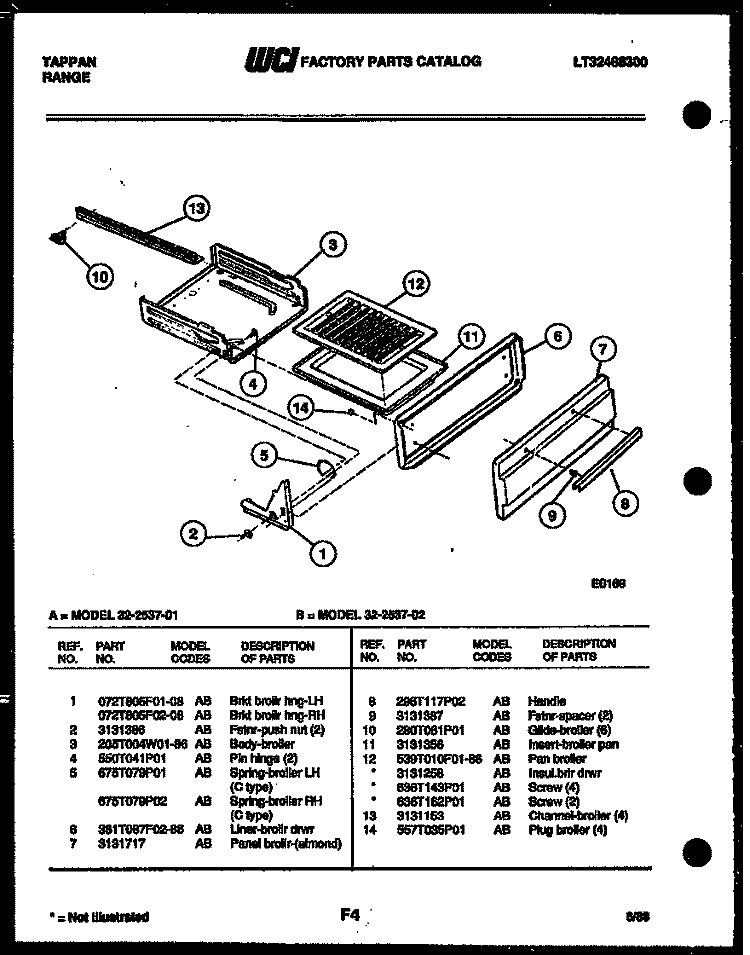 BROILER DRAWER PARTS Diagram and Parts List for 32-2537-00-01  Tappan Range