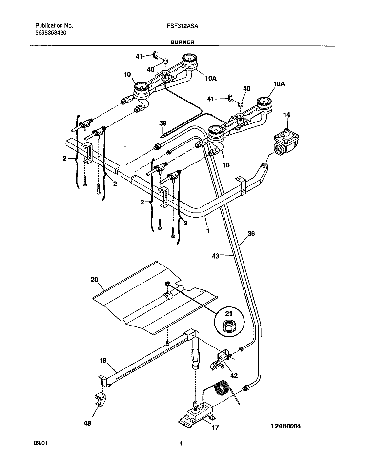 BURNER Diagram and Parts List for FSF312ASA  Frigidaire Range