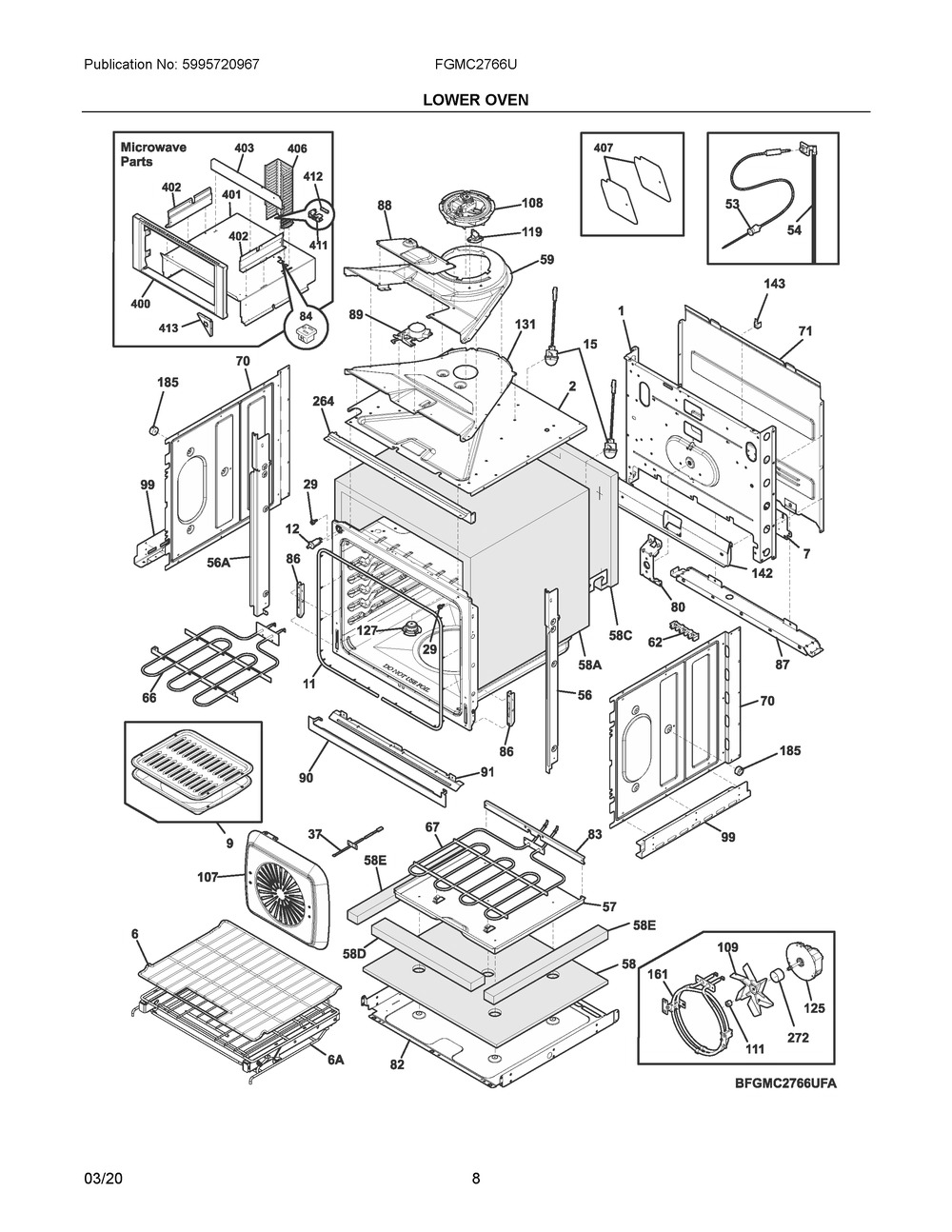 Lower Oven Diagram and Parts List for FGMC2766UFC  Frigidaire Microwave