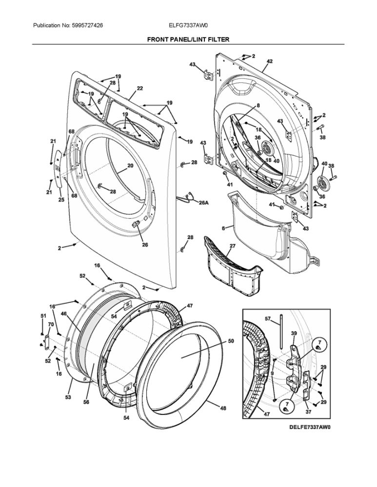 Front Panel/Lint Filter Diagram and Parts List for ELFG7337AW0  Frigidaire Dryer