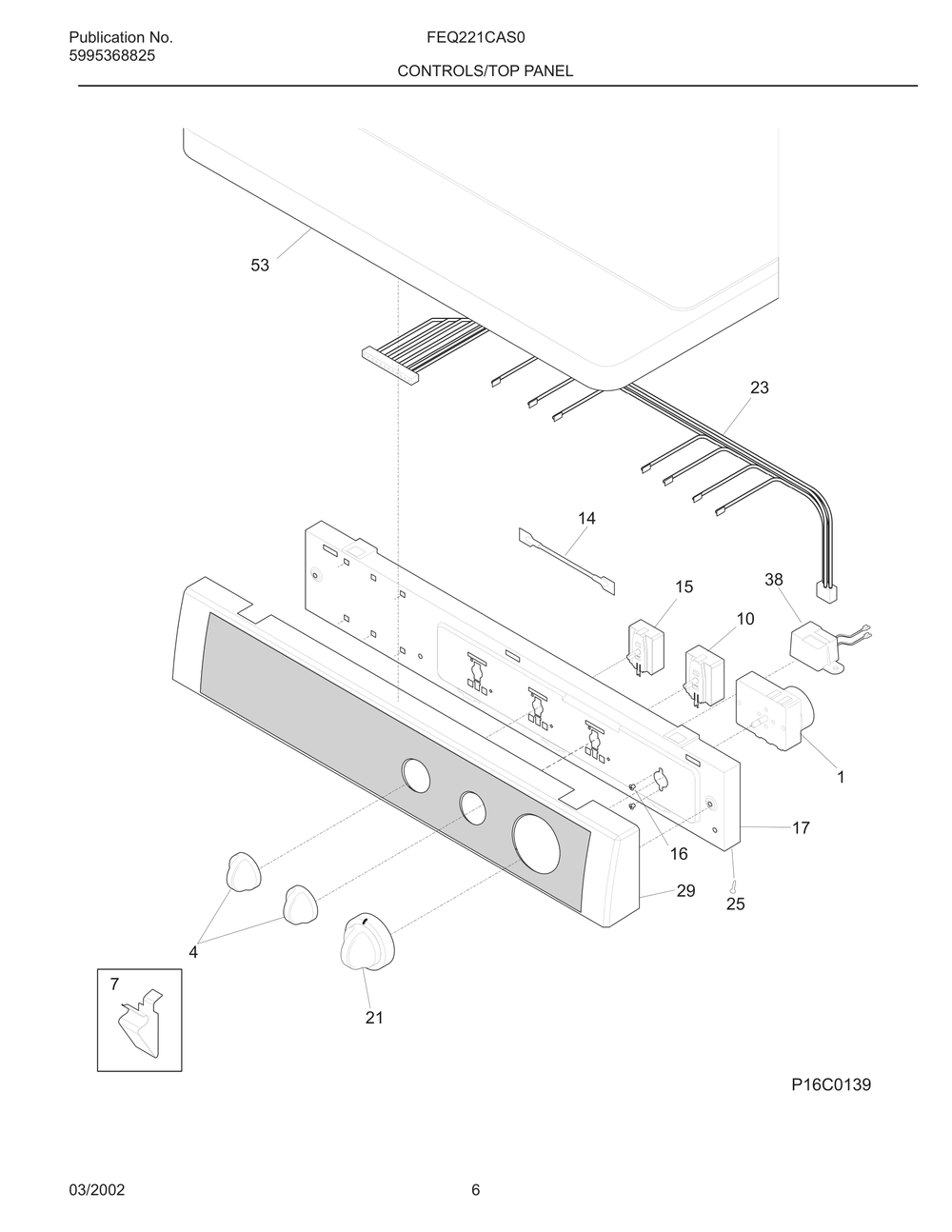 Controls/Top Panel Diagram and Parts List for FEQ221CAS0  Frigidaire Dryer