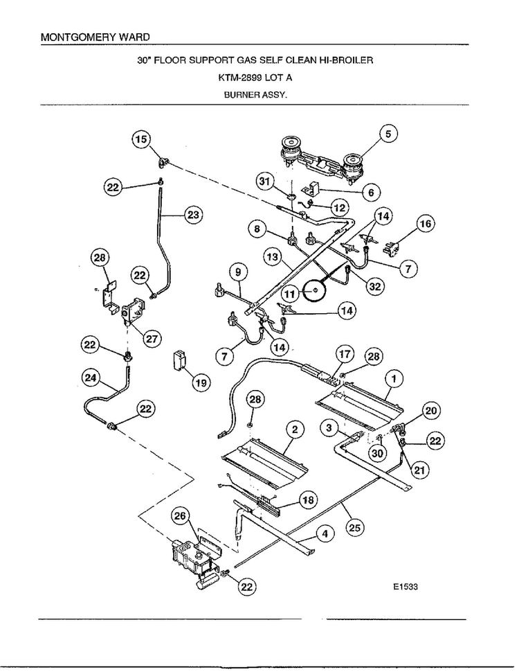 Burner Assy Diagram and Parts List for 2899A  Frigidaire Range