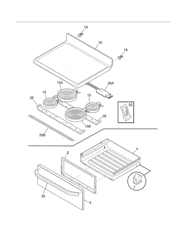 Top/drawer Diagram and Parts List for FFEF3012XSA  Frigidaire Range