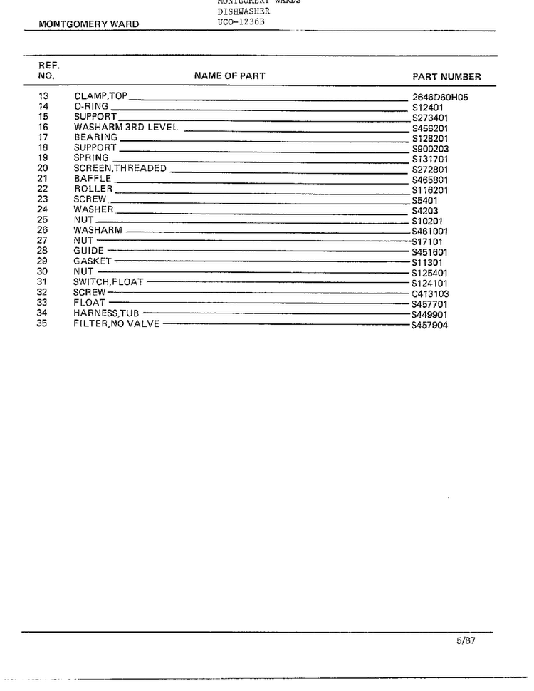 Dishwasher Page 5 Diagram and Parts List for 1236B  Frigidaire Dishwasher