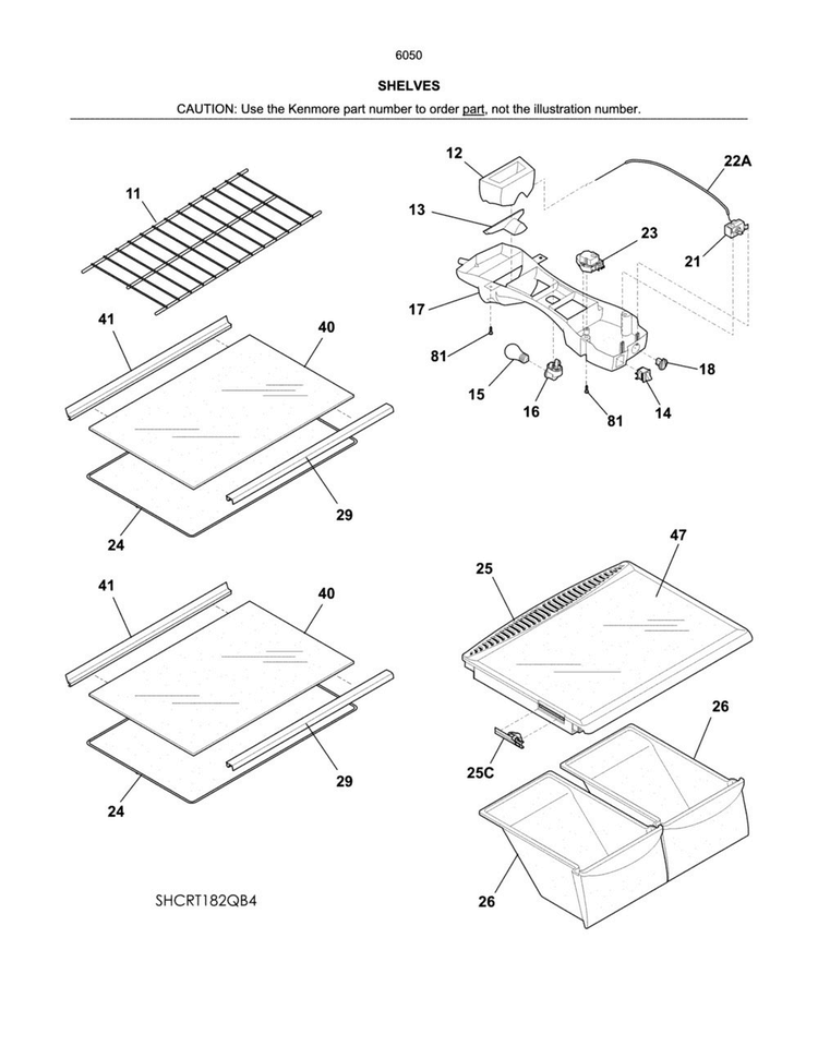 Shelves Diagram and Parts List for 25360509613  Kenmore Refrigerator