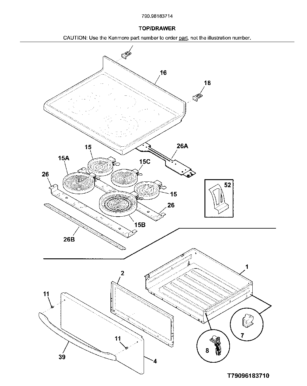 Top/drawer Diagram and Parts List for 79096183714  Kenmore Range