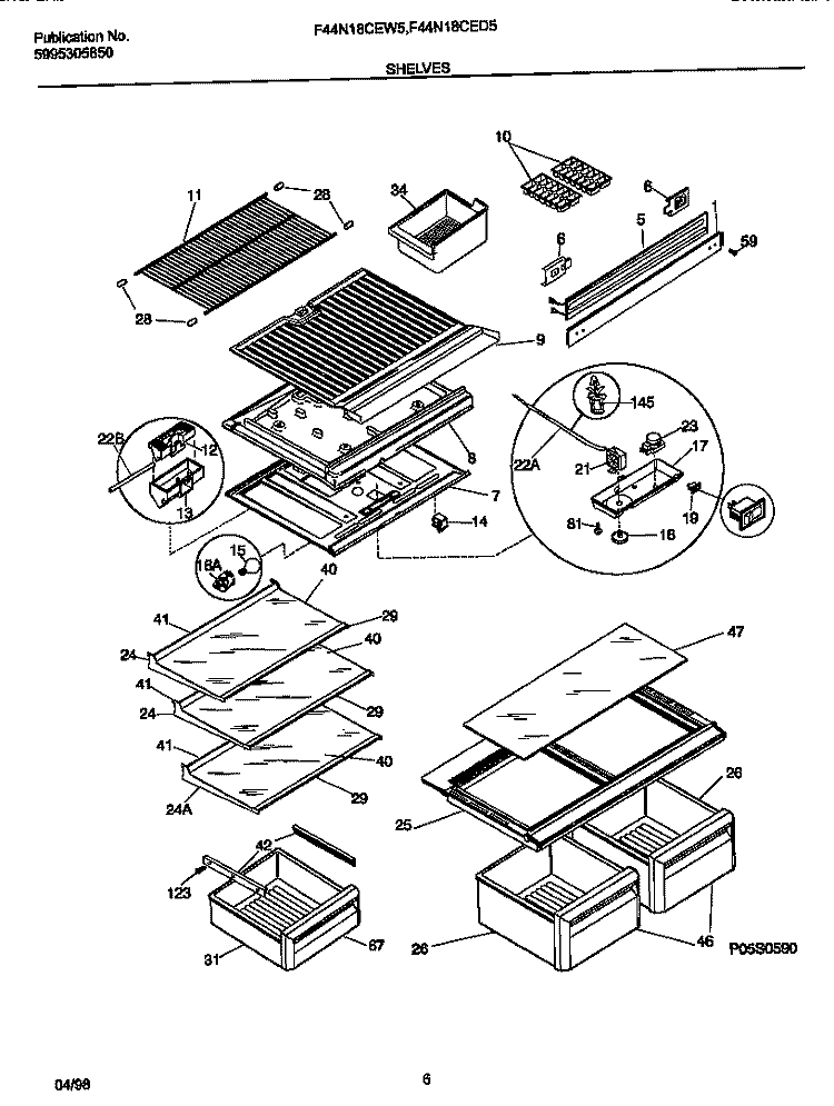 SHELVES / CONTROLS Diagram and Parts List for F44N18CED5  Frigidaire Refrigerator