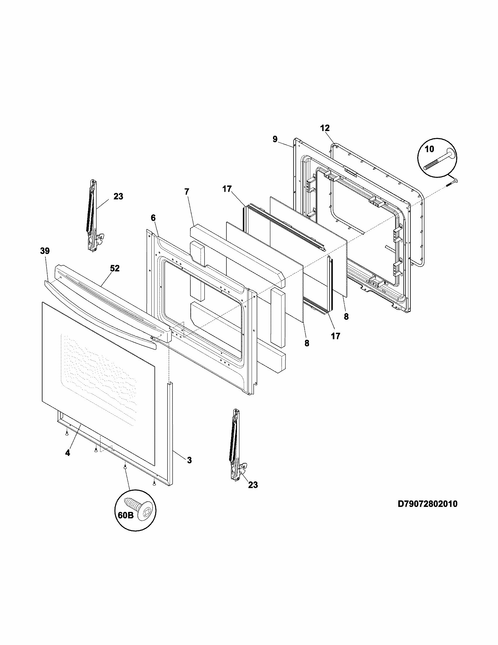Door Diagram and Parts List for 79074039311  Kenmore Range