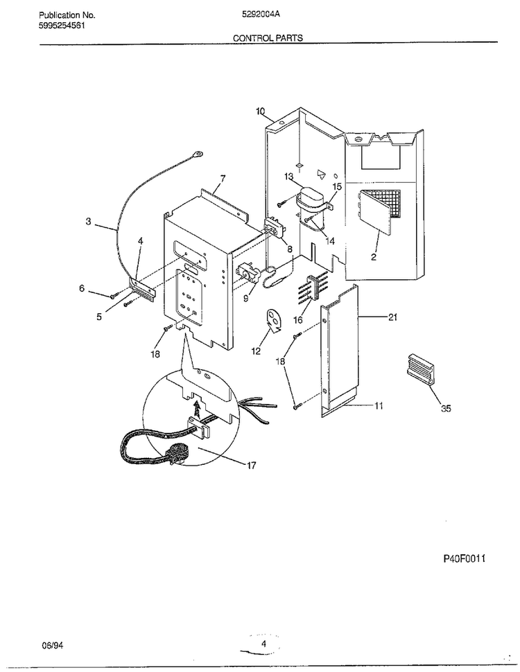 Control Parts Diagram and Parts List for 5292004A  Frigidaire Air Conditioner